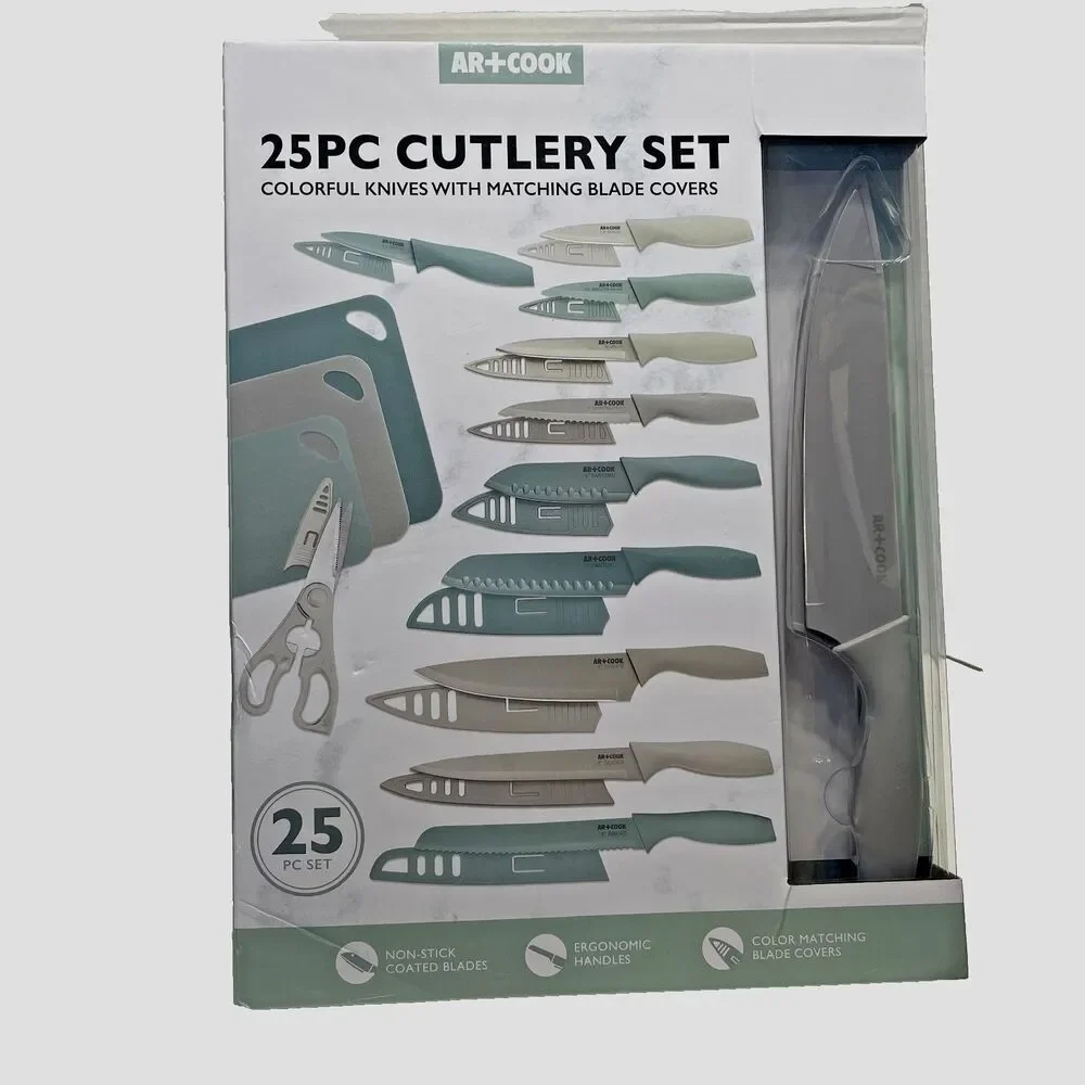 AR+COOK 25 PC Cutlery Set Green Colorful Knives With Matching Blade Covers Ergon